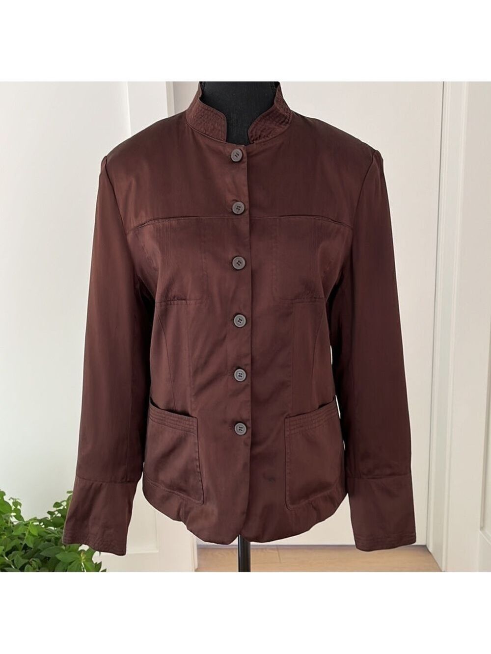 SILKLAND Brown Silk Button Front Jacket Pockets Safari Minimalist Quiet Luxury